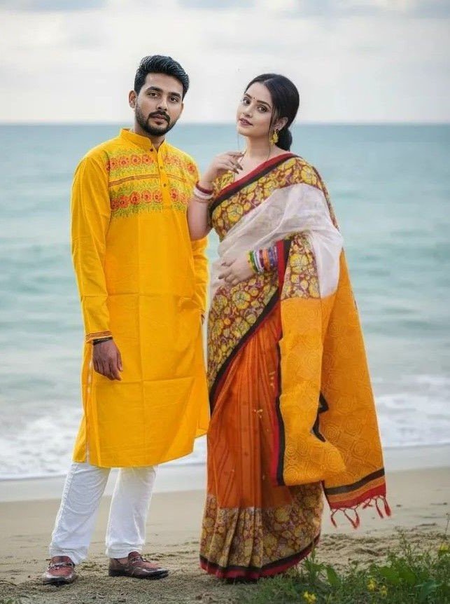 কাপল ড্রেস কালেকশন চান্দুরি সিল্ক শাড়ি ও ধুপিয়ান পাঞ্জাবি